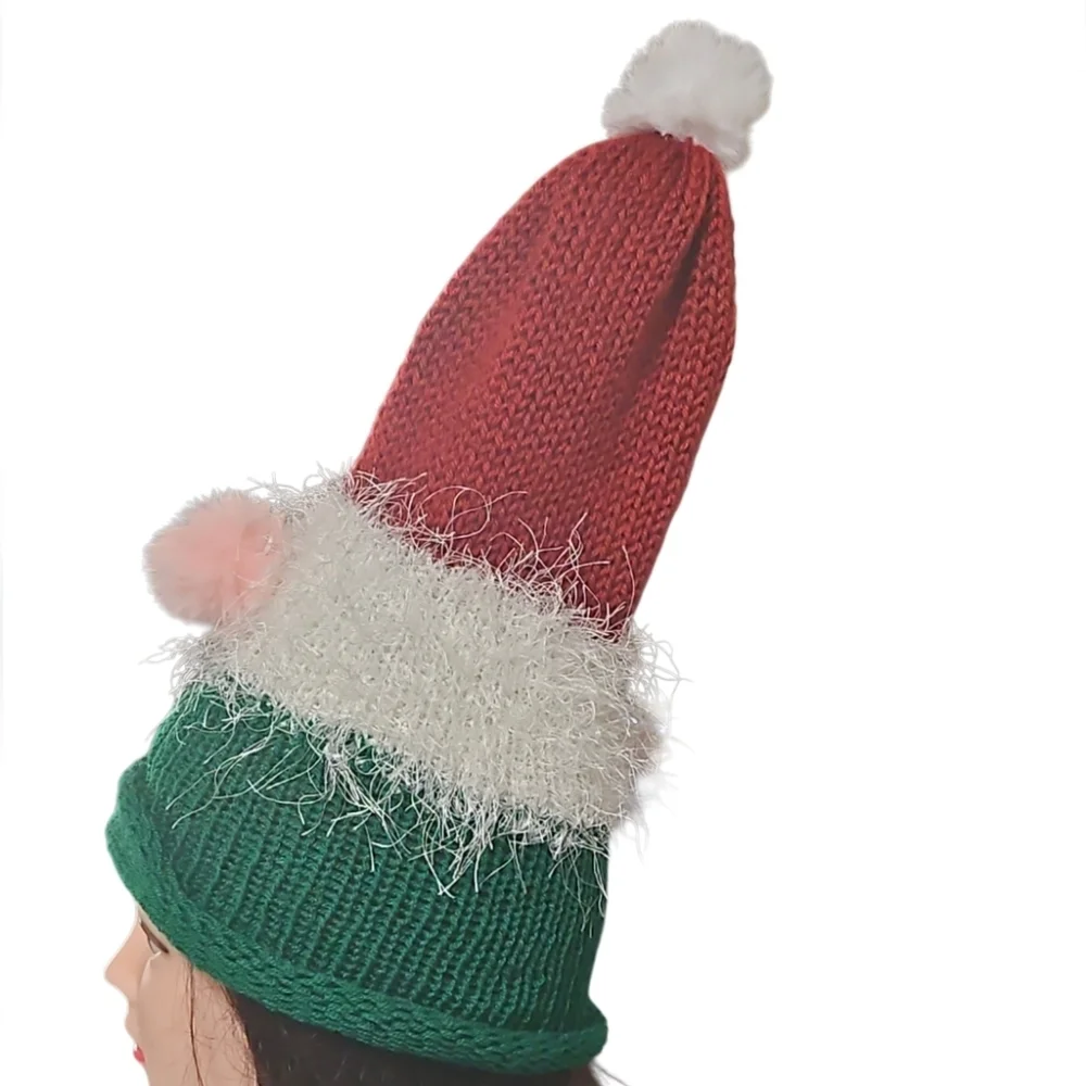 Hand Crafted Kids Festive Red Green Knit  Gnome Hat Faux Fur Beanie Hat Crochet